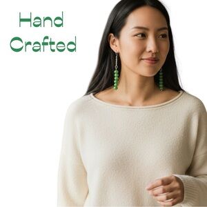 Hand Crafted Dark Green Crystal Beads With Chain Earrings NWT